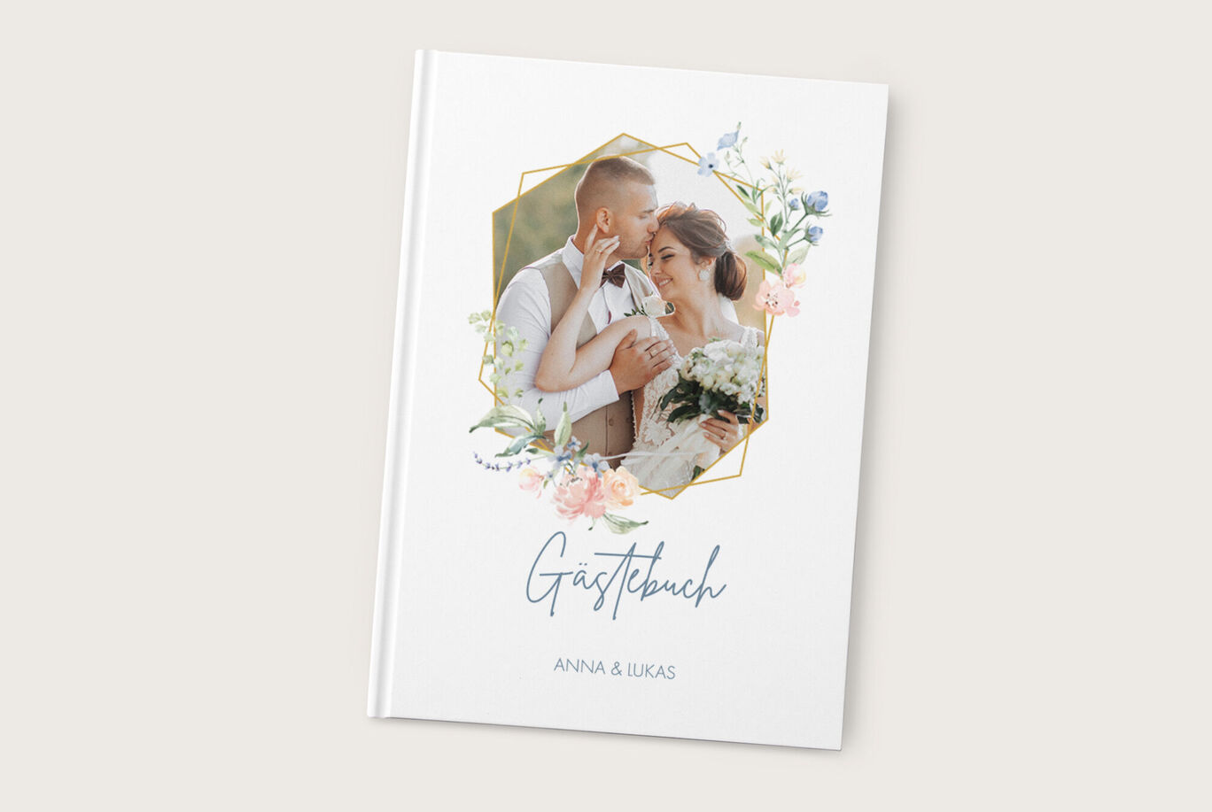 Elegantes Gästebuch mit floralem Rahmen, das für eine Hochzeit gestaltet wurde, mit den Namen Anna und Lukas