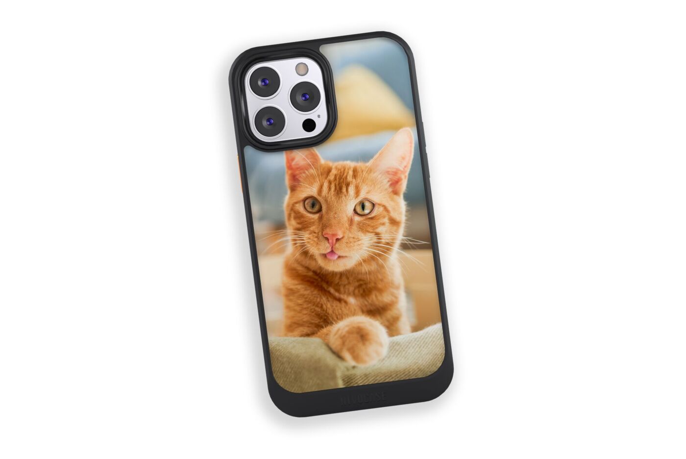 Handyhülle mit Katzenfoto in einem Rahmen: Katze blickt aufmerksam.