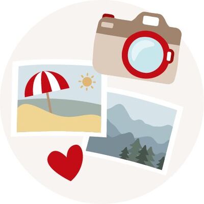 Illustration mit Kamera und Fotos von Urlaubsorten