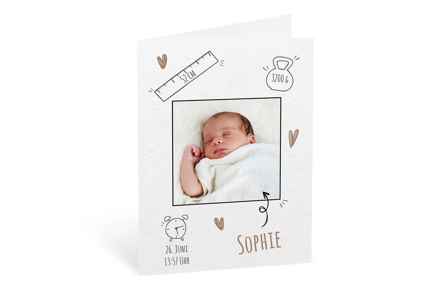 Eine liebevoll gestaltete Grußkarte mit einem Foto eines Babys und herzlichen Elementen.