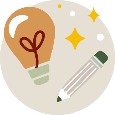 Eine Glühbirne mit Herz sowie ein Bleistift und funkelnde Sterne.