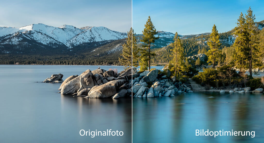 Vergleich von Originalfoto und optimiertem Bild mit schönen Bergen und Wasser.