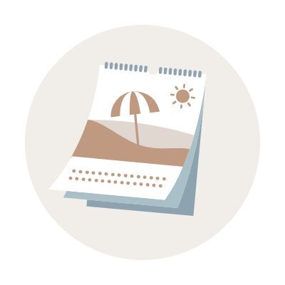 Ein illustrierter Tischkalender zeigt einen Strand mit Sonne und einem Sonnenschirm