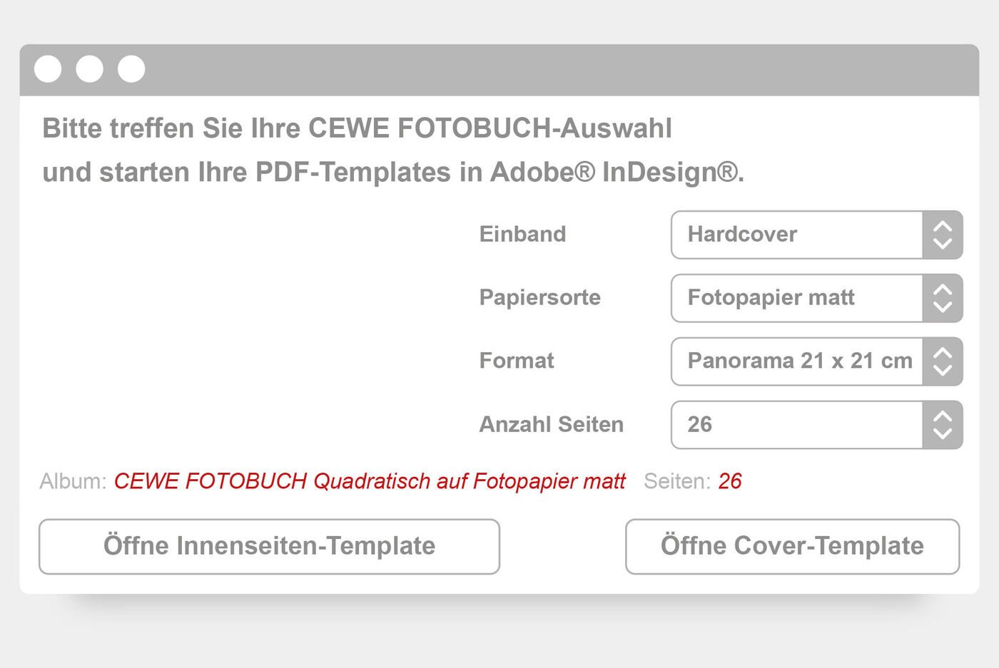 Screenshot der CEWE FOTOBUCH Auswahl, mit Optionen für Einband, Papierart und Seitenzahl