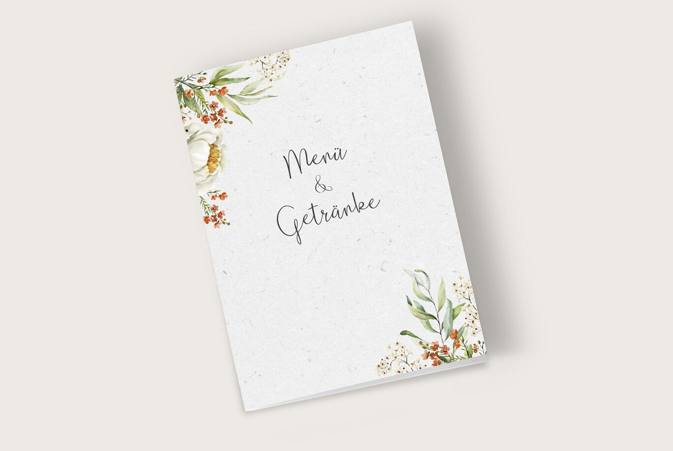 Elegante Menükarte mit floralen Elementen und der Aufschrift Menü & Getränke