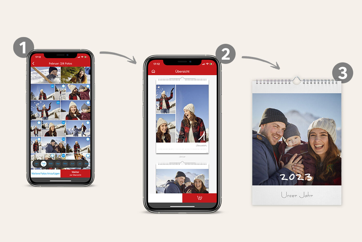 Drei Schritte zur Erstellung eines CEWE Fotokalenders auf einem Smartphone: 1. Bilder auswählen, 2. Layout anpassen, 3. fertiger Kalender 2023.