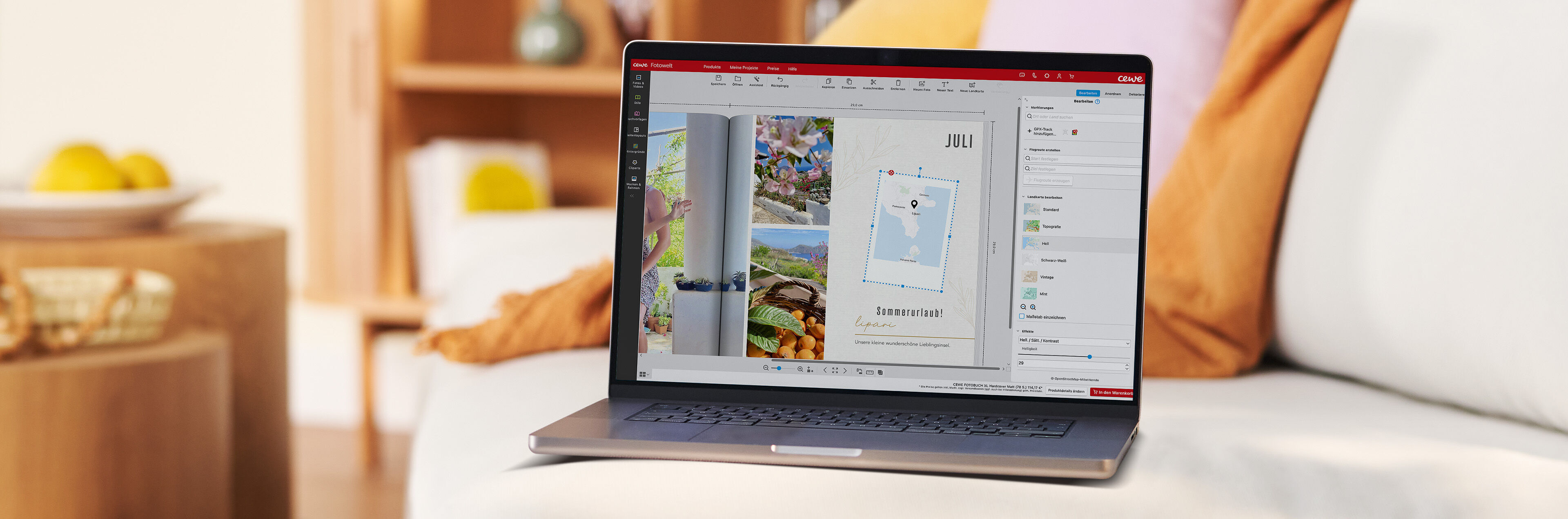 Laptop zeigt eine Fotobuch‑Software, in der ein Videoausschnitt und Bildauswahl bearbeitet werden können.