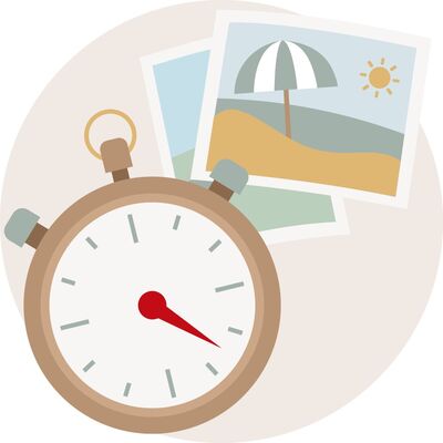 Ein stilisierter Timer mit Zeiger auf 1 Uhr, umrandet von Fotos eines Strandes mit Sonnenschirm und Sonne.