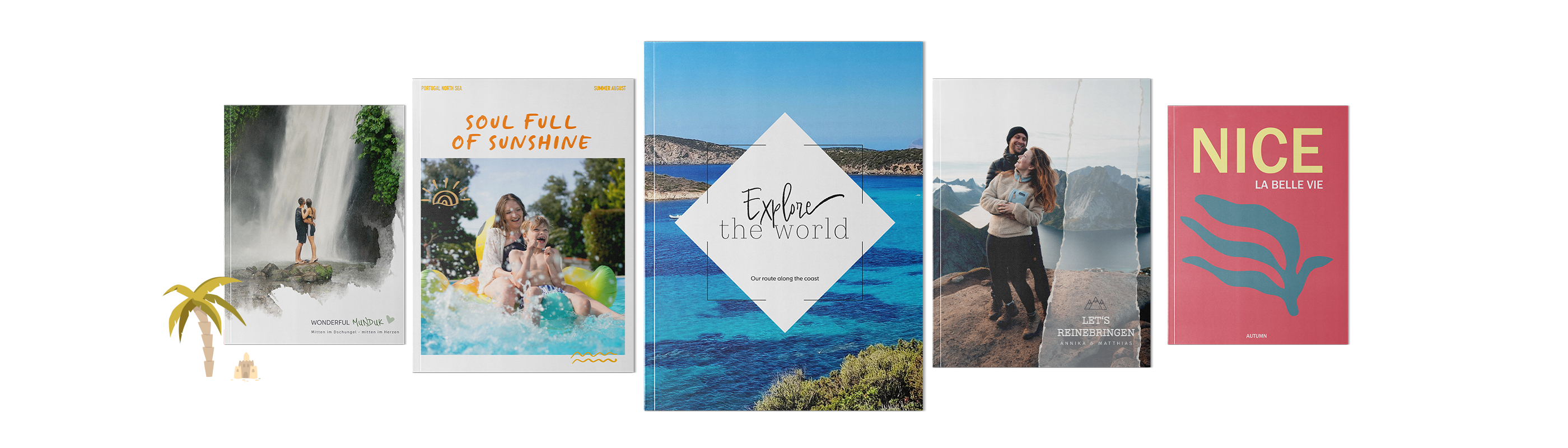 Reihe verschiedener Fotobücher mit Urlaubs‑ und Naturmotiven auf den Covern.