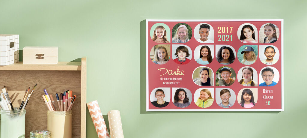 Wandbild mit vielen Kinderfotos und dem Text 'Danke für eine wundervolle Grundschulzeit'