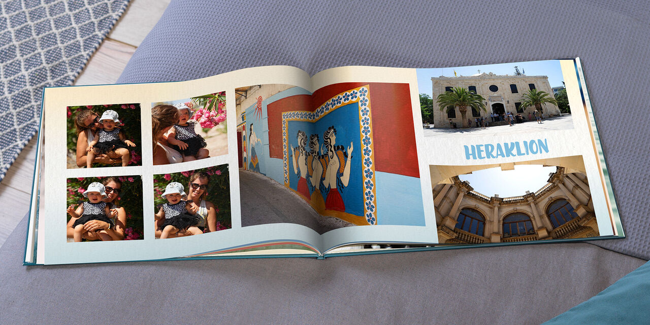 Offenes Fotobuch mit Erinnerungen aus Heraklion, zeigt bunte Bilder und Reiseerlebnisse.