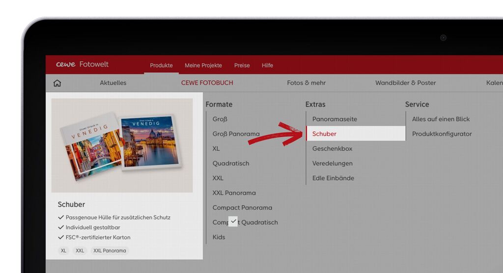Softwareansicht der CEWE Fotowelt: Menü Extras mit markierter Option Schuber für CEWE FOTOBUCH