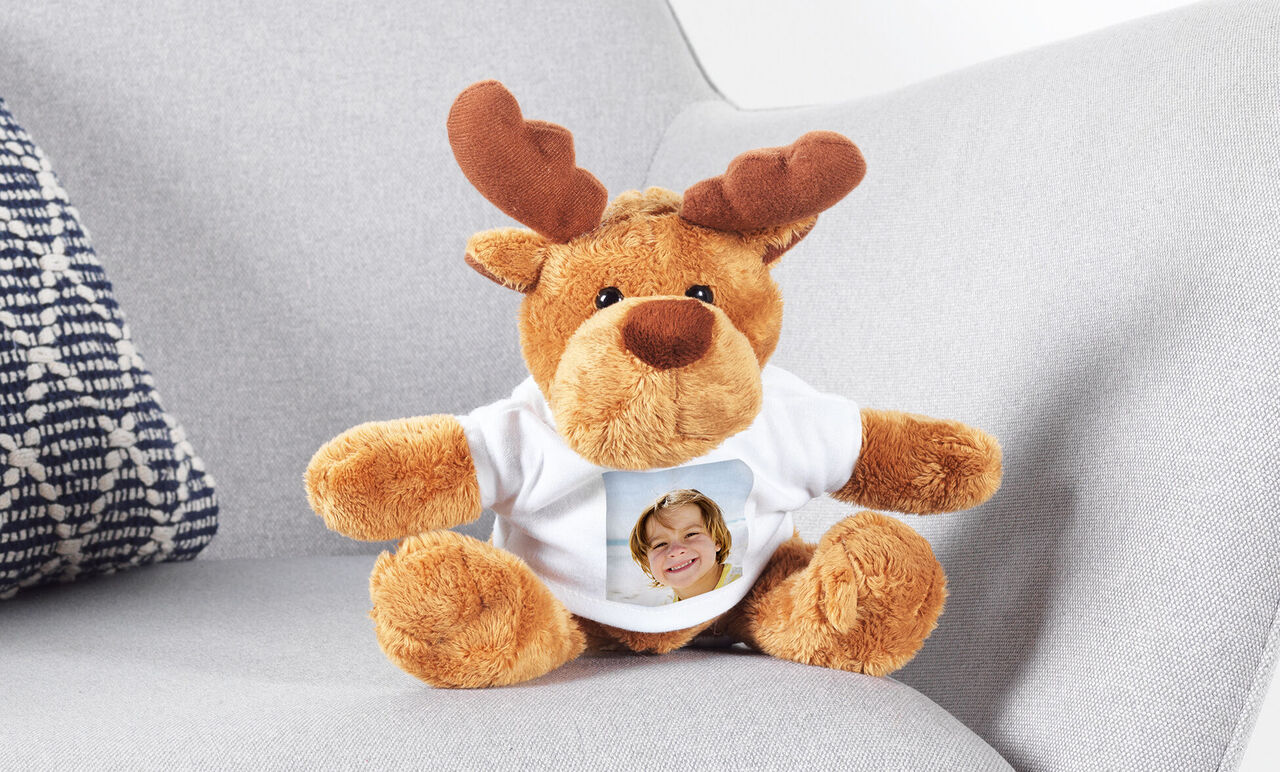 Ein flauschiges Rentier mit T-Shirt auf einem Sofa