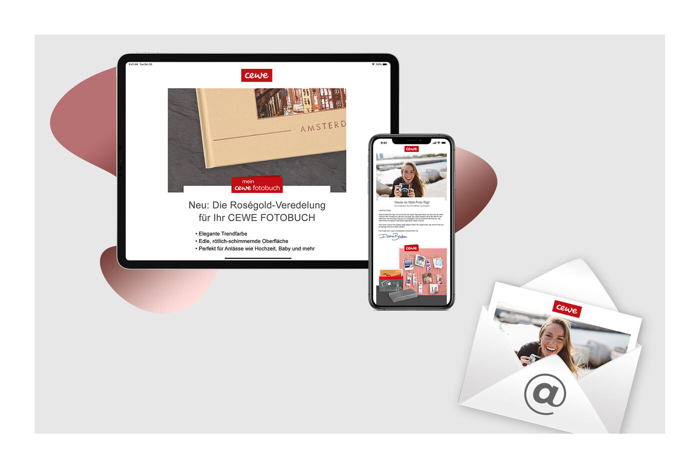 Darstellung der CEWE FOTOBUCH Website auf einem Tablet und Smartphone.