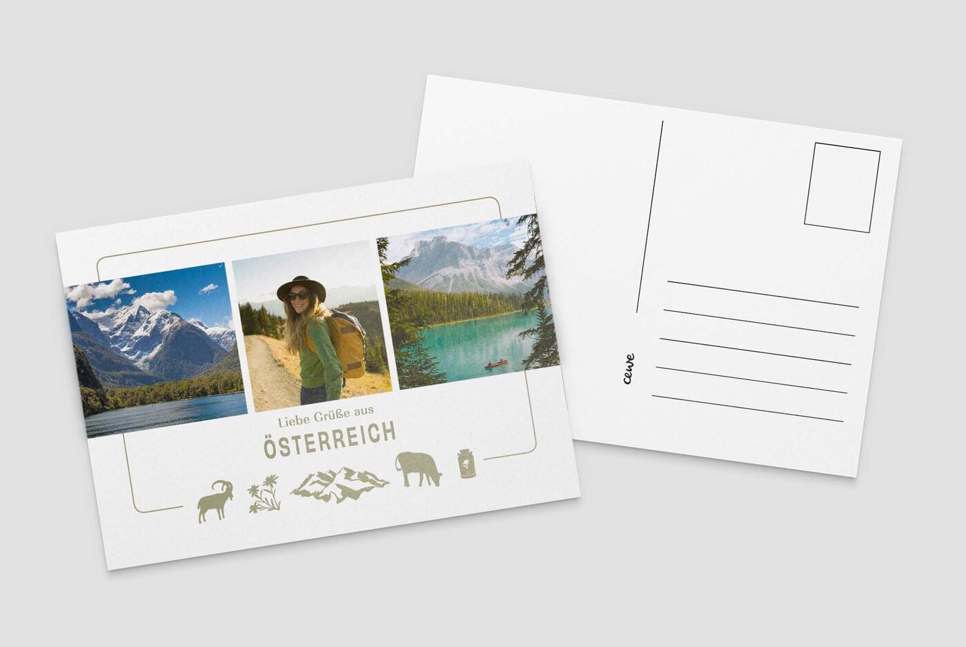 Postkarte mit drei Fotos: ein Landschaftsbild, ein Bild eines Wanders, ein weiteres Landschaftsbild. Die Worte 'Liebe Grüße von Österreich' stehen schön mittig.