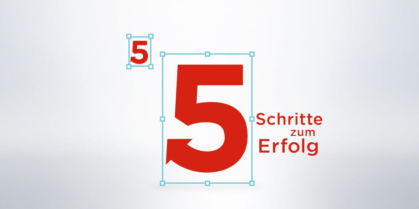 Eine kreative Grafik zeigt die Zahl 5 groß als zentralen Punkt, umrahmt von dem Text "Schritte zum Erfolg" in einem modernen Design, das Motivation vermittelt