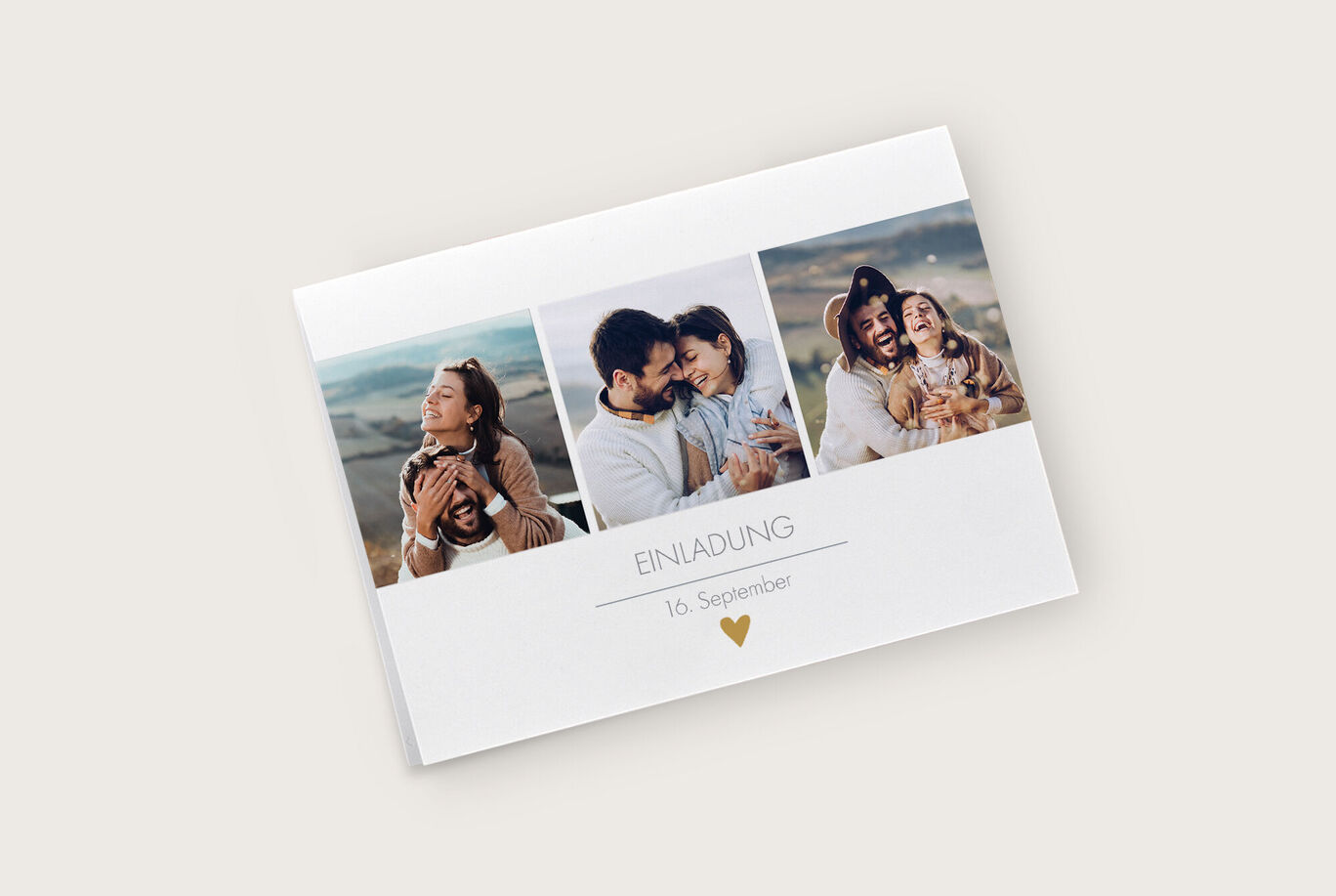 Einladungsdesign mit Fotos von glücklichen Paaren und einem herzlichen Motiv.