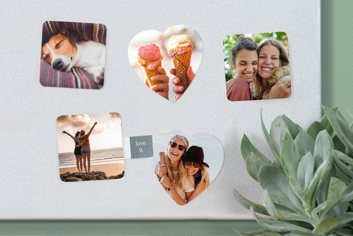Herzförmige Fotos auf einer Wand zeigen glückliche Momente mit Familie und Tieren.
