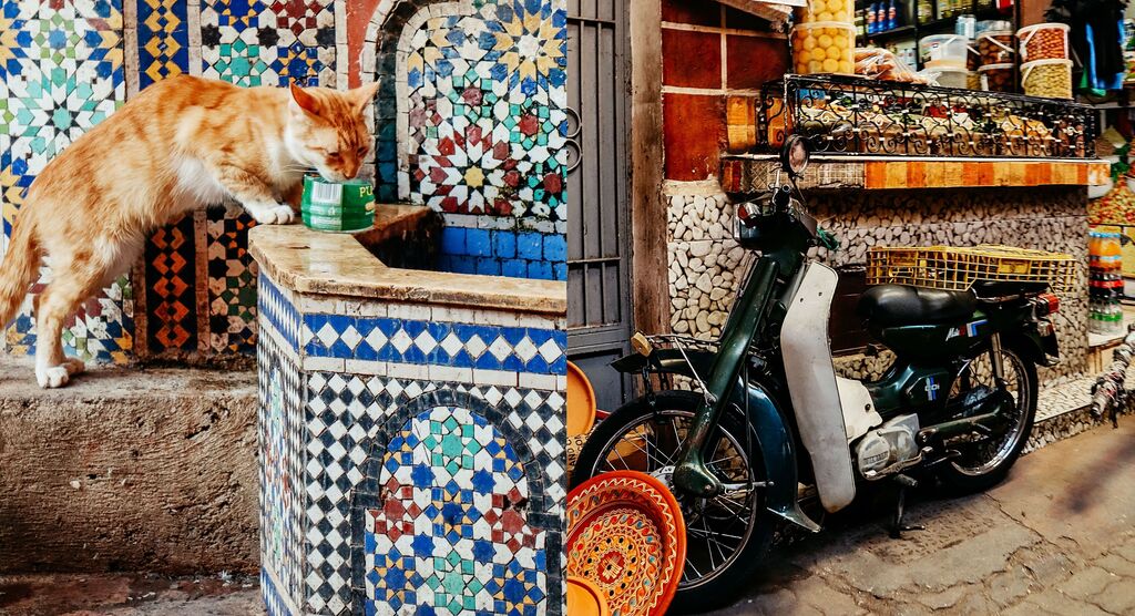 Rote Katze an Mosaikbrunnen, daneben Marktstand mit Waren und Motorroller vor bunten Fliesen