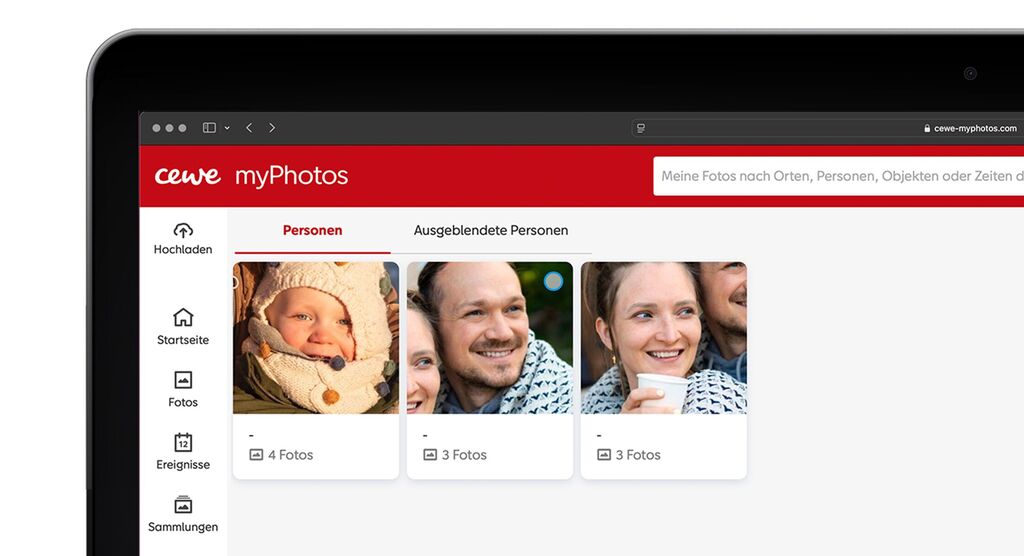 Screenshot der CEWE myPhotos Anwendung mit Fotos von Personen.