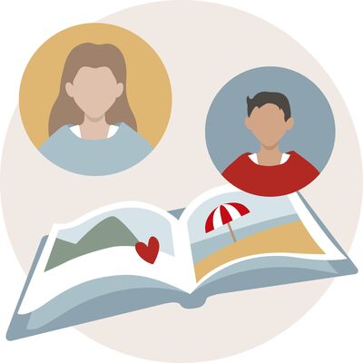 Illustration eines offenen Fotobuchs mit zwei Personen. Eine hat braune Haare und trägt ein blaues Oberteil, die andere hat schwarze Haare und trägt ein rotes Oberteil. Im Fotobuch sind eine Landschaft mit einem Herz und ein Strand mit einem Sonnenschir