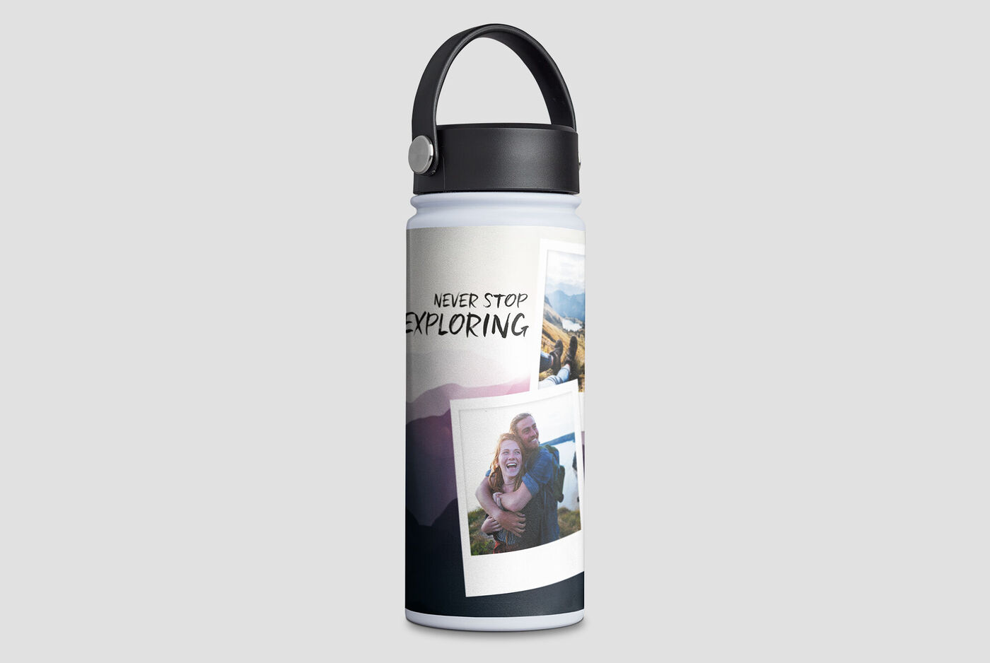 Eine personalisierte Trinkflasche mit Fotos und dem Text 'Never stop exploring'. Sie strahlt Abenteuerlust aus.