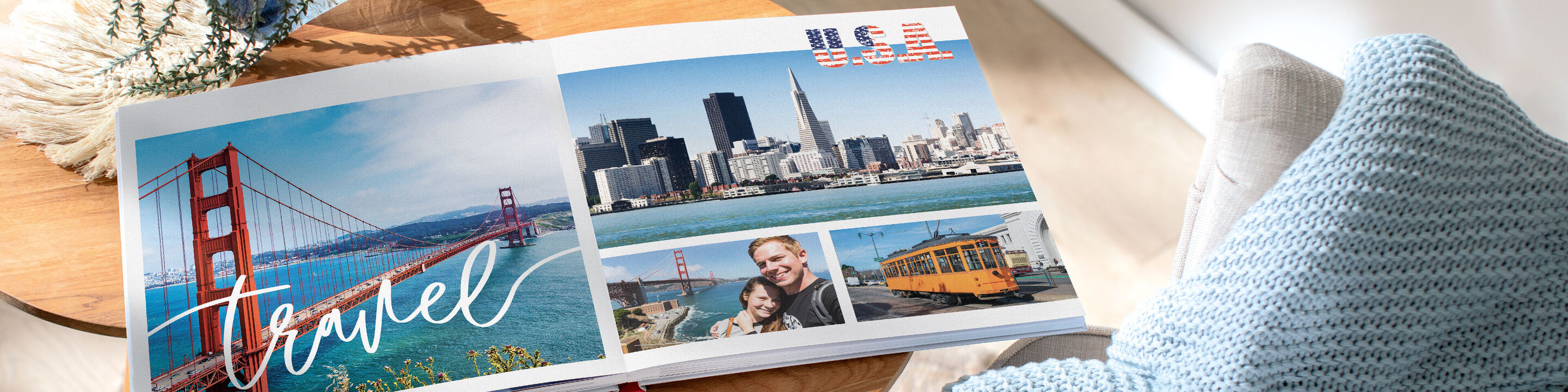 Buntes Fotobuch mit Reiseerinnerungen zeigt die Golden Gate Bridge und San Francisco