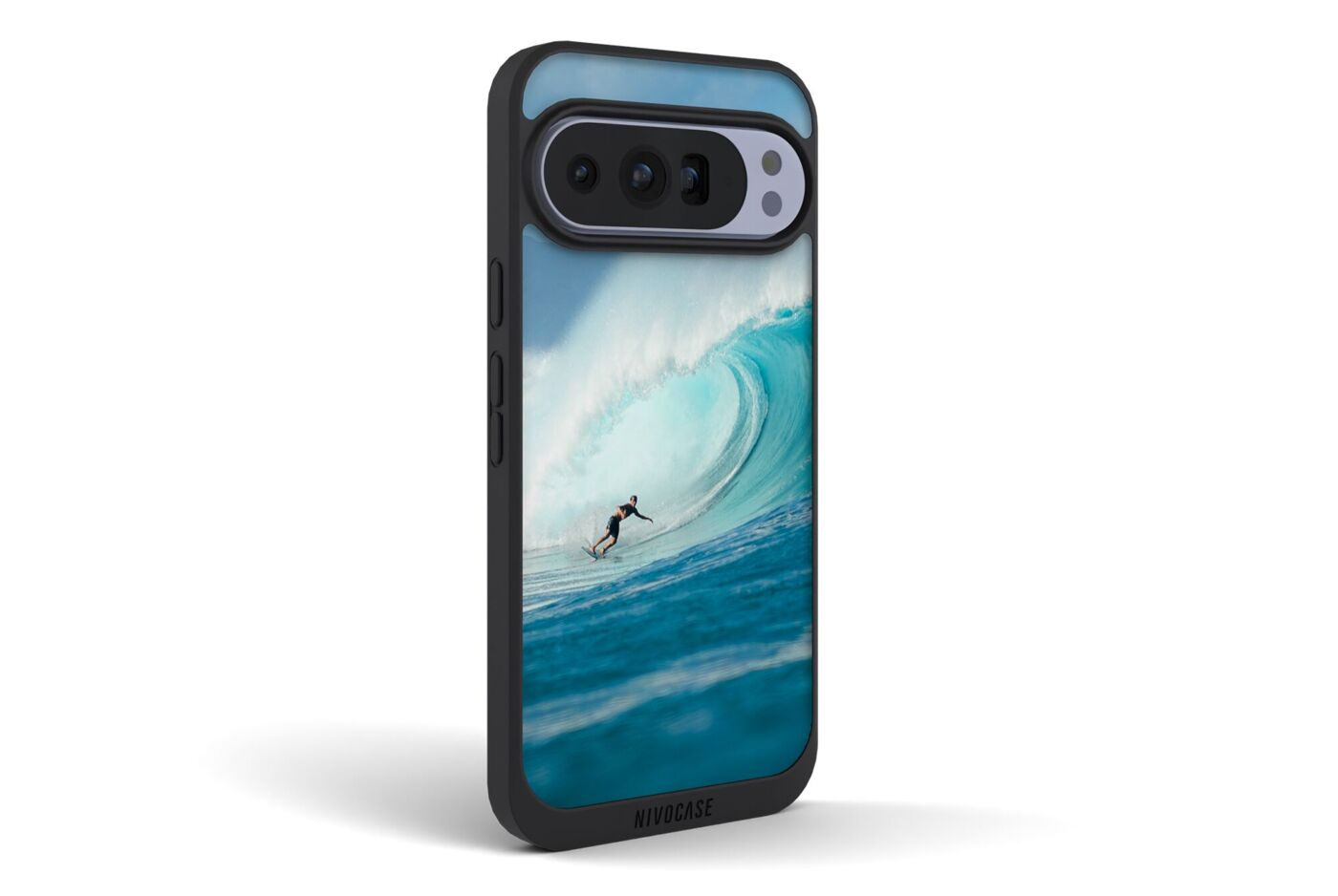 Schwarze Handyhülle für Google Pixel Pro mit personalisiertem Surf-Motiv und großer Welle.