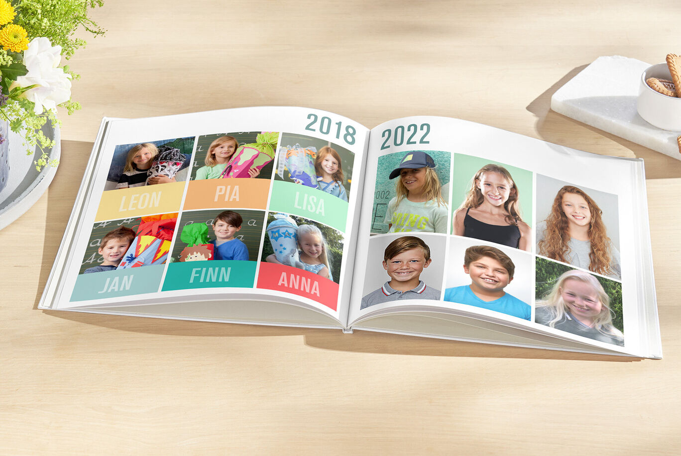Farbenfrohes Fotobuch zeigt fröhliche Erinnerungen mit Kindern von 2018 bis 2022