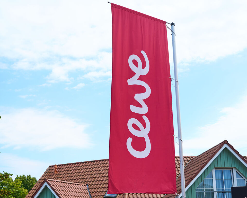 Vor einem Haus weht eine rote Fahne mit dem CEWE Logo.