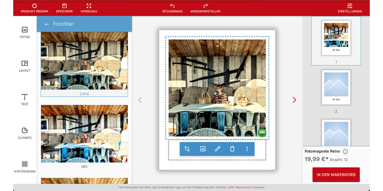 Screenshot des Fotoeditors mit Retro-Fotofilter, bearbeitetes Bild eines Campers