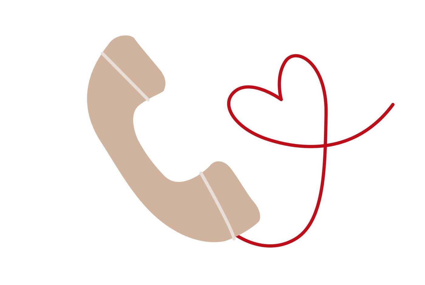 Ein beige Telefonhörer mit einem roten Herz aus Schnur, das daran befestigt ist