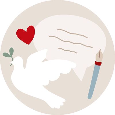 Eine weiße Taube mit einem Zweig und einem Herzsymbol, daneben ein Stift vor einem Sprechblasen-Hintergrund