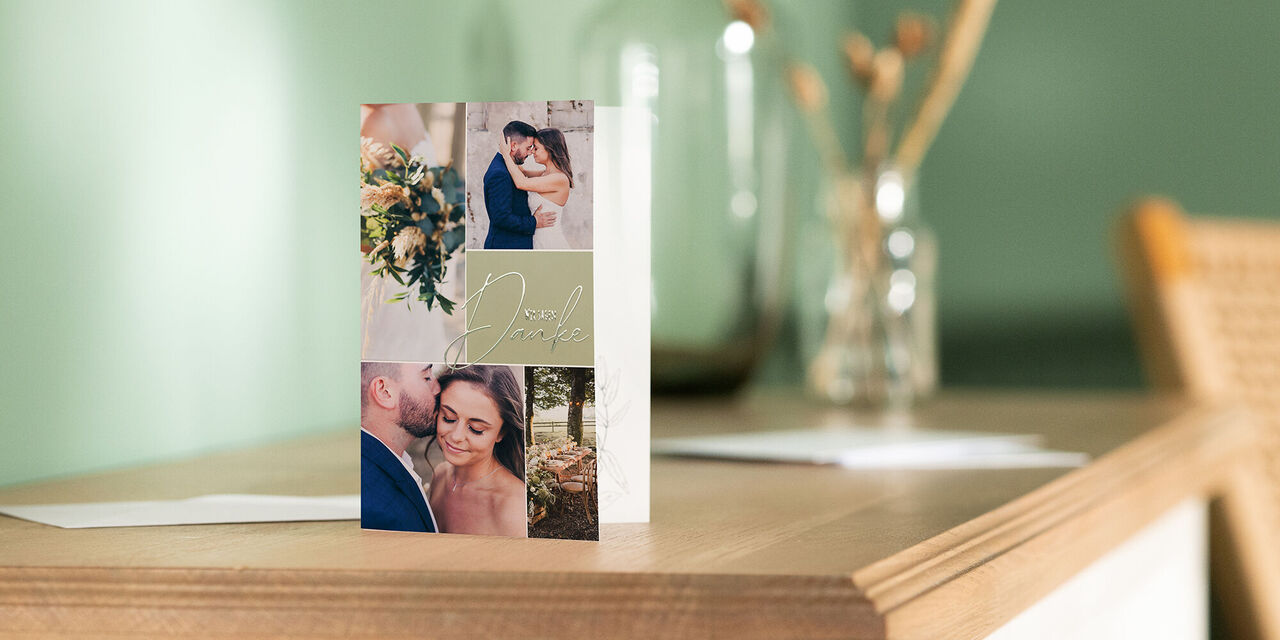 Zweiflügelige CEWE Grußkarte mit Fotos von glücklichen Personen und stilvollem Design
