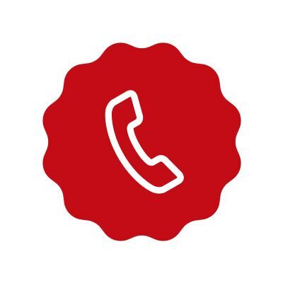 Roter Telefonhörer auf weißem Hintergrund in einem runden Badge