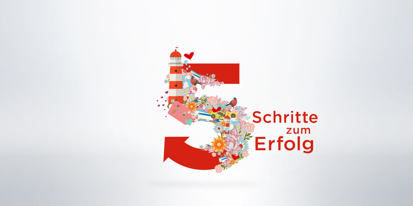 Eine große, rote Zahl 5 mit bunten Illustrationen umgeben, die für Schritte zum Erfolg stehen