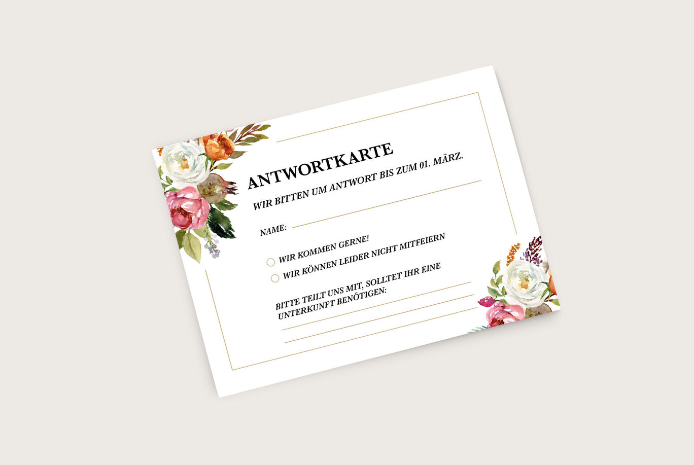 Eine Antwortkarte mit floralen Designs in sanften Farben und juristisch klaren Fragen.