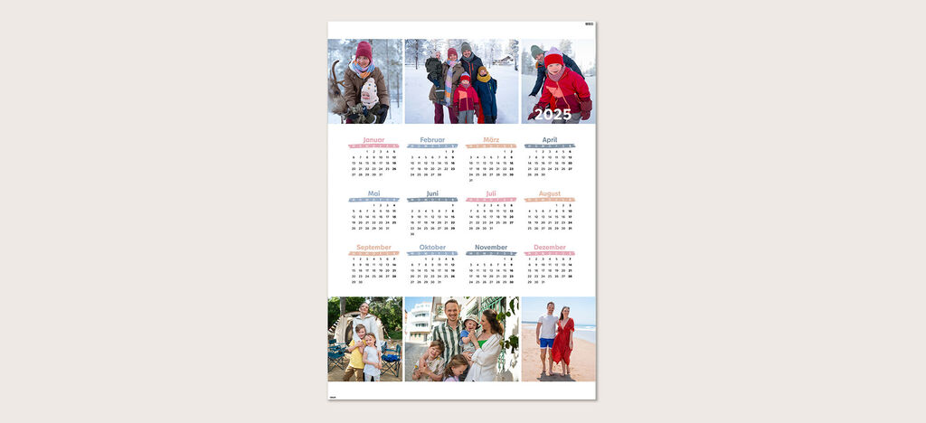 Ein fröhlicher Fotokalender 2025 mit mehreren bunten Bildern von Familie und Freunden, die gemeinsam schöne Momente genießen