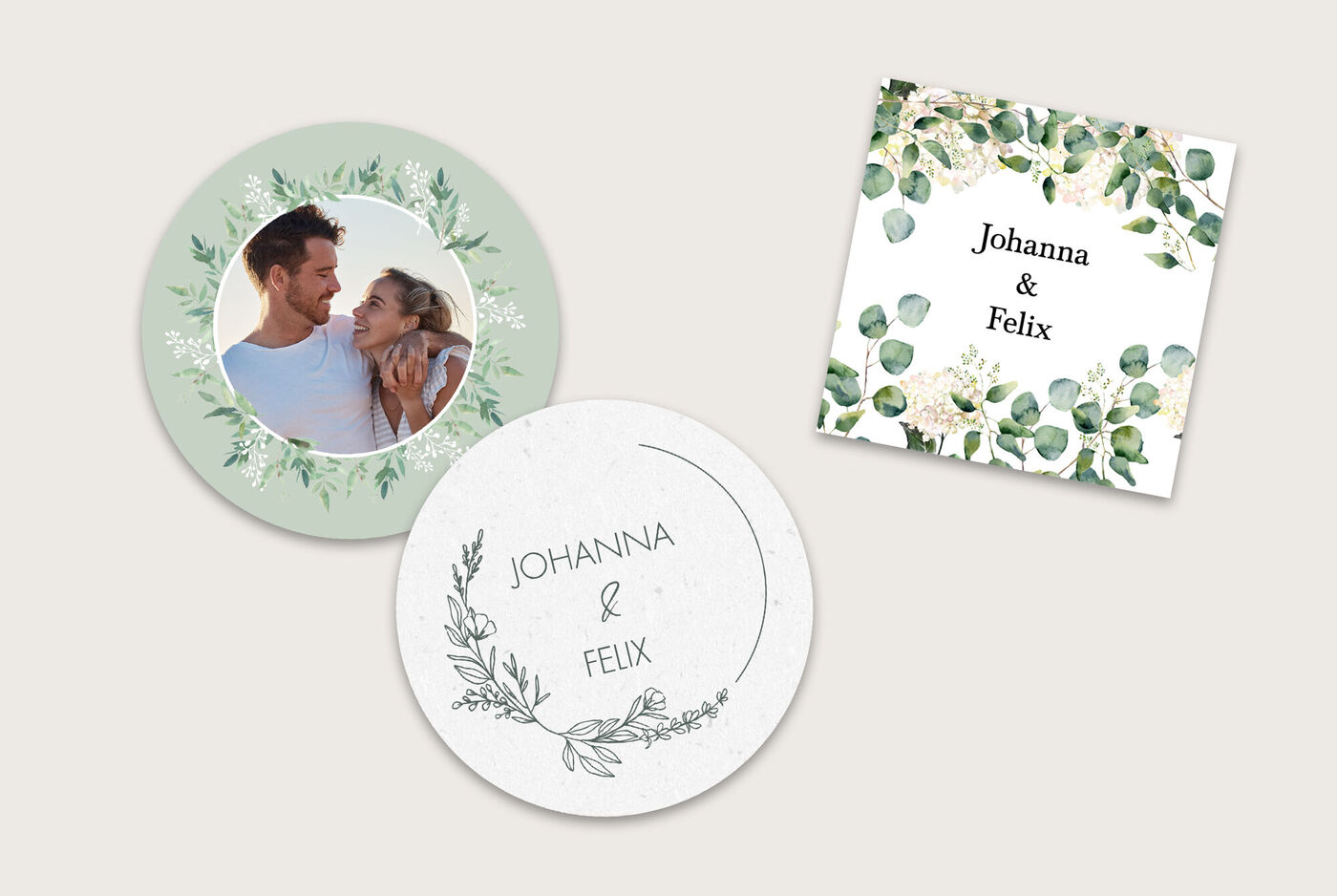 Zwei schöne personalisierte Karten mit Fotos und Namen Johanna und Felix