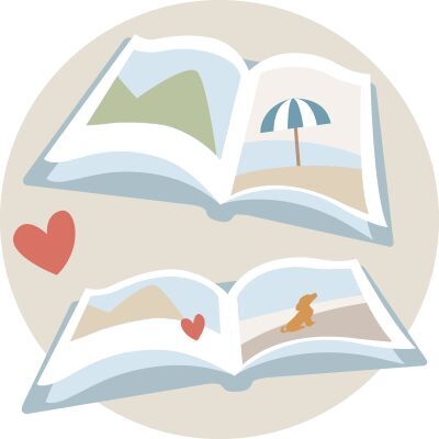 Illustration eines offenen Fotobuchs mit Bildern von Landschaften und Strand