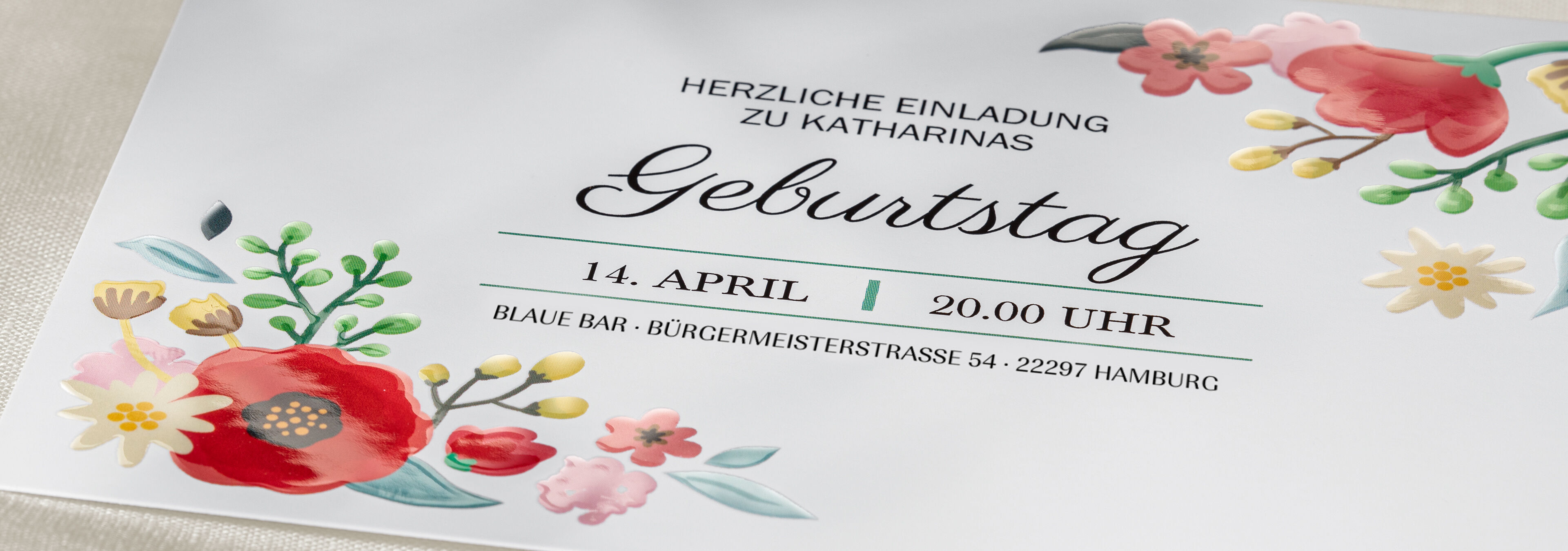 Einladende Geburtstagskarte für Katharina mit bunten floralen Motiven