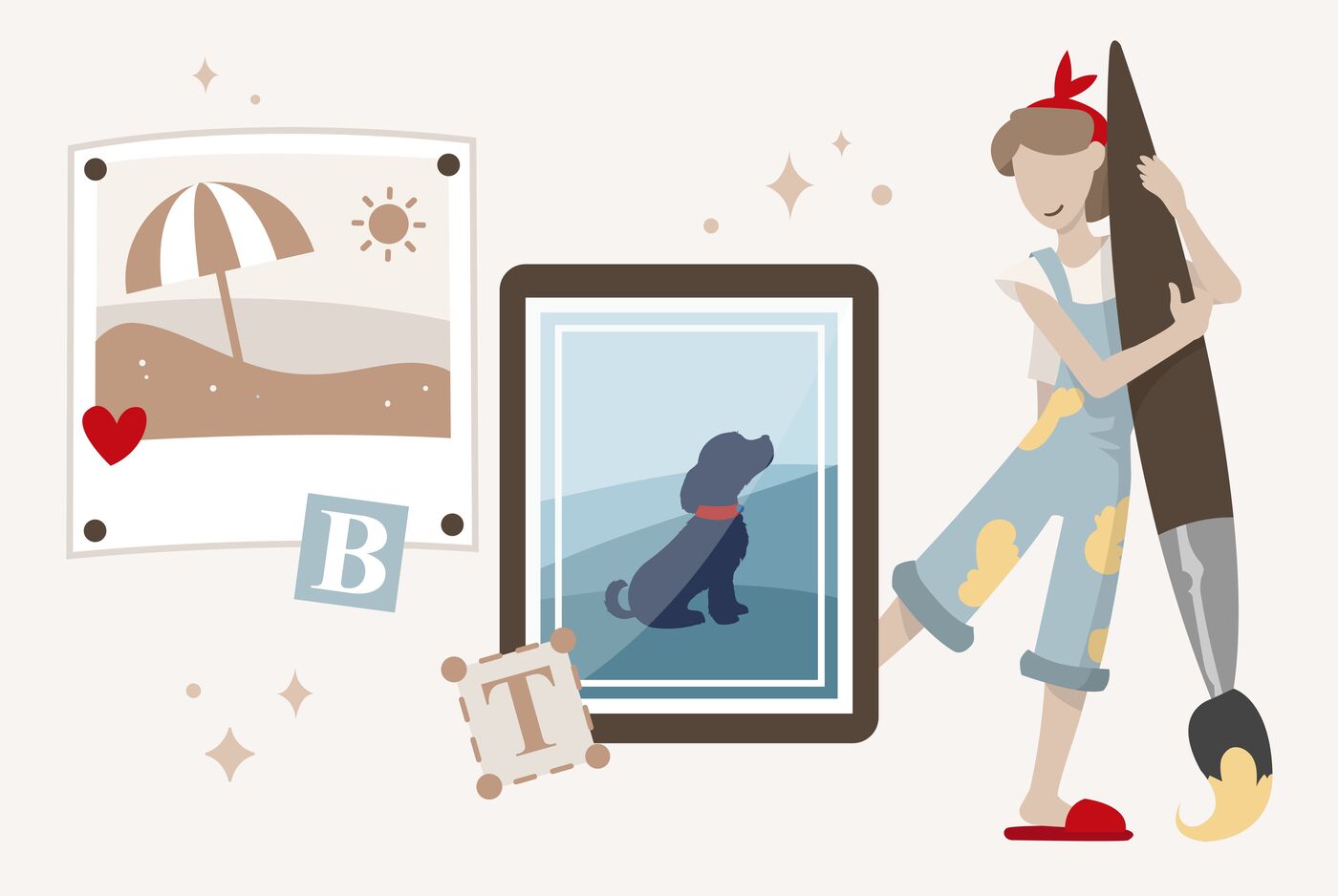 Eine fröhliche Person gestaltet ein Wandbild mit einem Hund. Sie hat Spaß am Kreativsein und um sie herum sind verschiedene Kunstwerke und Dekorationen zu sehen