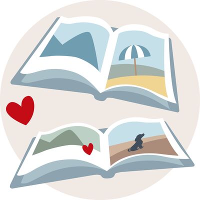 Illustration eines offenen Fotobuchs mit bunten Bildern und Herzen.