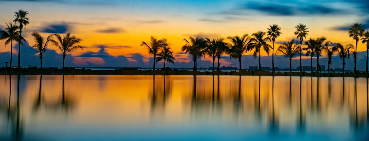 Eine wunderschöne Landschaft mit Palmen, die im Sonnenuntergang schimmert und reflektiert. Der Himmel strahlt in warmen Farben über dem stillen Wasser.