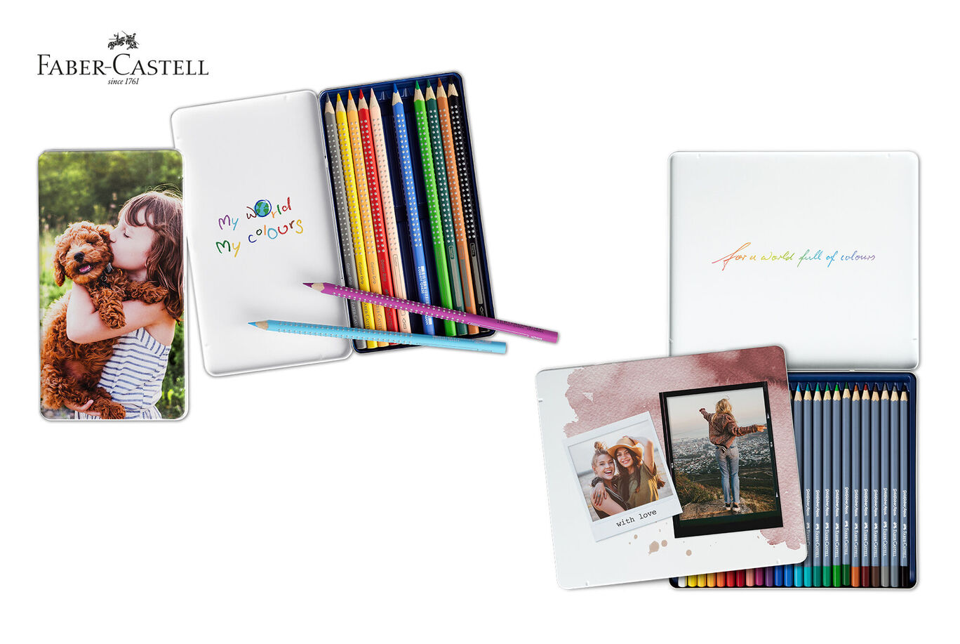 Eine kreative Geschenkbox mit Farbstiften und persönlichen Fotos.