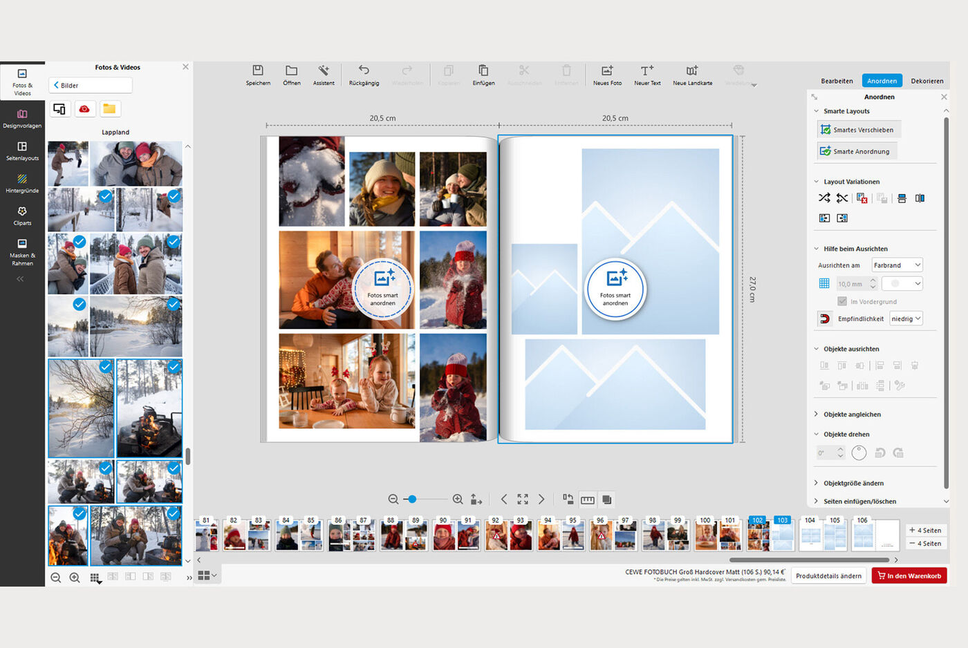 Bildschirmaufnahme der CEWE FOTOBUCH Design-Software mit Layouts und Bildern