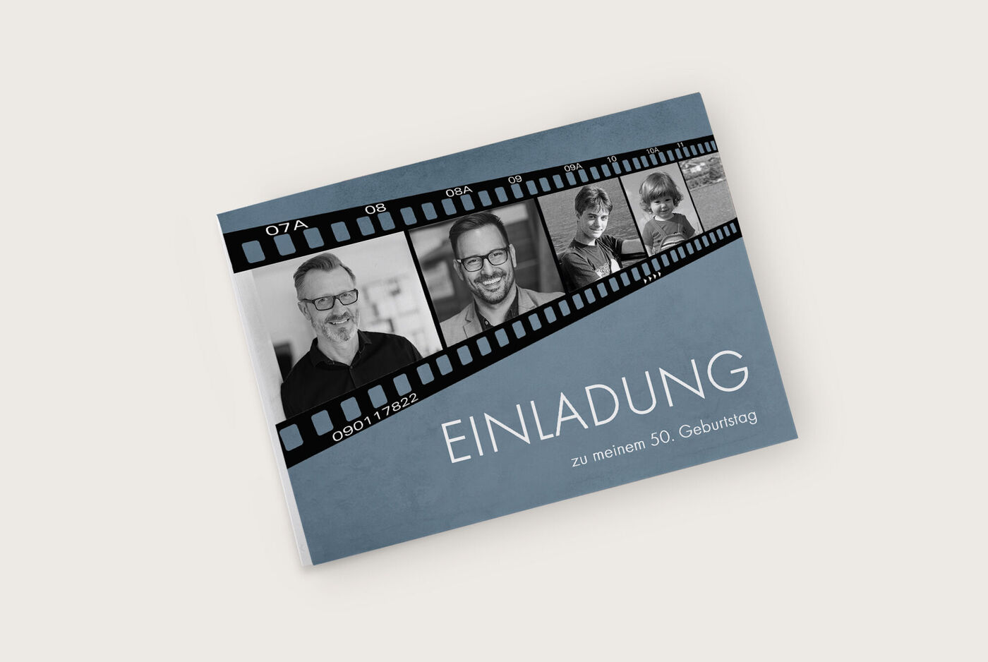 Einladende Grußkarte zum 50. Geburtstag mit Bildern in Filmstreifen-Optik