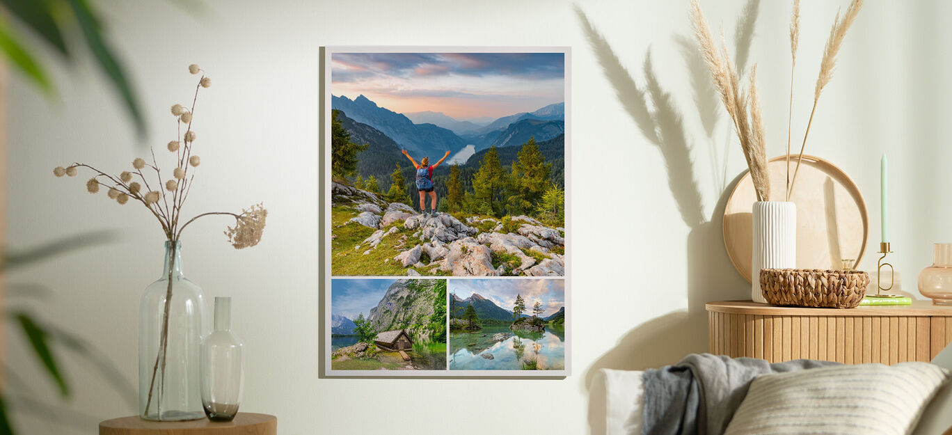 Eine Person steht glücklich auf einem Berg mit ausgestreckten Armen, umgeben von Natur. Darunter sind drei Landschaftsbilder mit Bergen und Wasser.