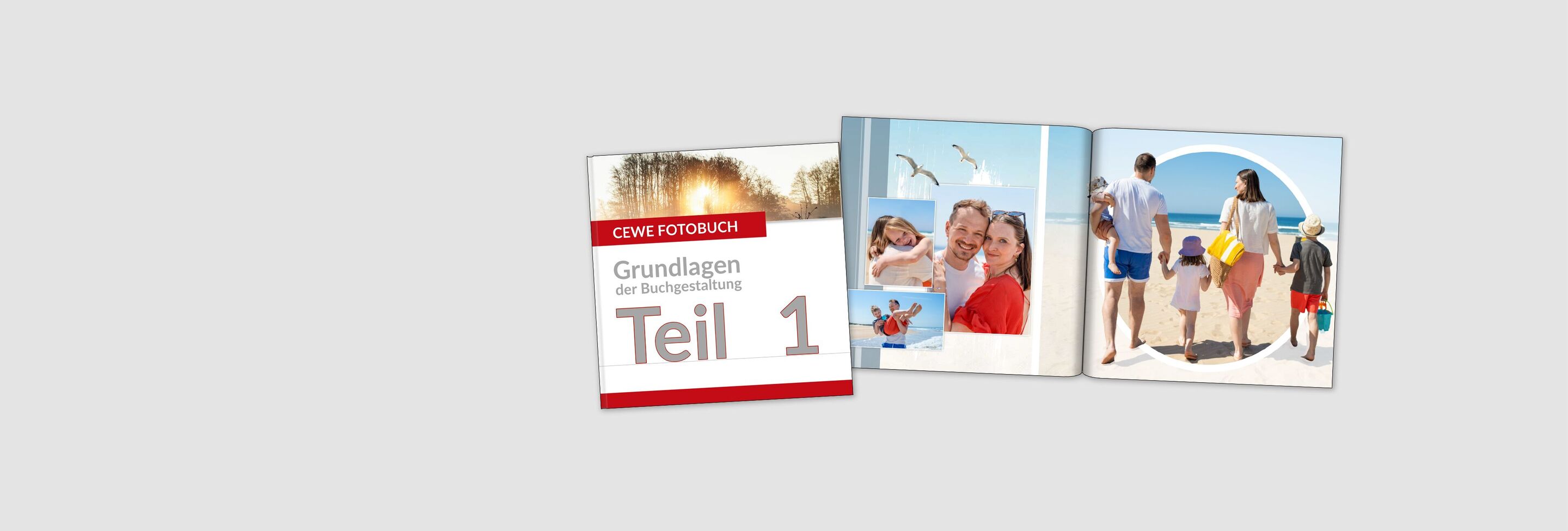 Ein CEWE FOTOBUCH Cover mit dem Titel „Grundlagen der Buchgestaltung – Teil1“ und eine gestaltete Doppelseite mit Urlaubsbildern