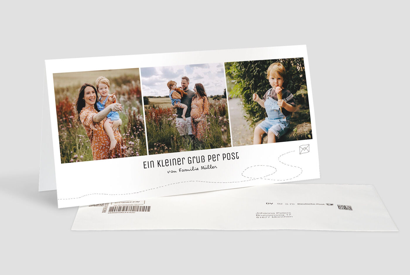 Zwei Bilder von glücklichen Familienmomenten im Freien, mit einem liebevollen Gruß auf der Karte.